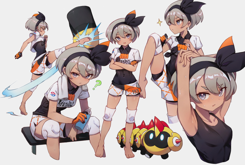 1girl, :s, ?, armpits, arms_up, bangs, barefoot, black_bodysuit