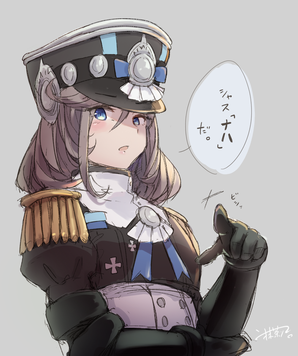 1girl, black_gloves, blue_eyes, brown_hair, buttons, commentary_request, cross_patty, epaulettes