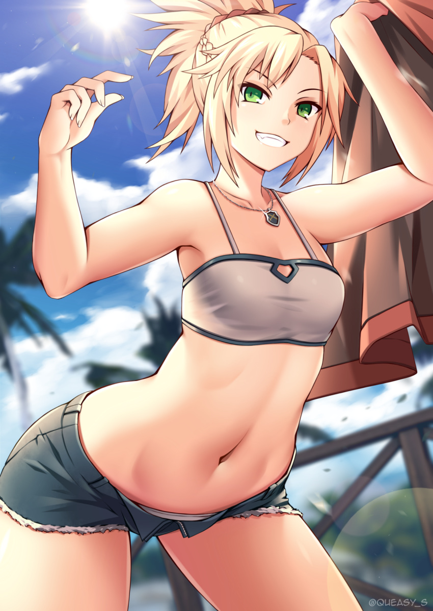 1girl, blonde_hair, blue_shorts, braid, clouds, collarbone, cowboy_shot, day