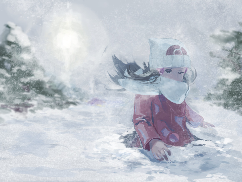 1girl, beanie, black_eyes, black_hair, commentary_request, hat, highres, hikari_(pokemon)