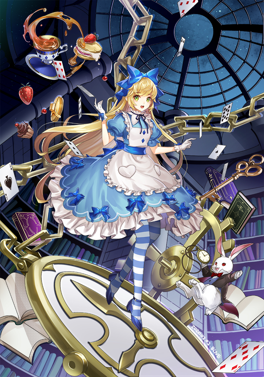 1girl, ace_of_clubs, ace_of_spades, alice_(wonderland), alice_in_wonderland, animal, ankle_belt, apron