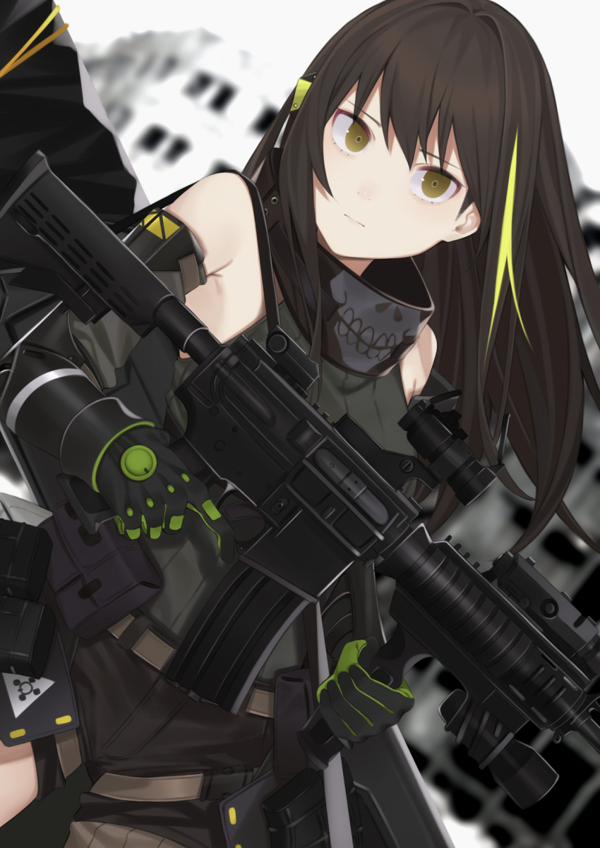 1girl, armpits, assault_rifle, bangs, blurry, blurry_background, brown_hair, closed_mouth