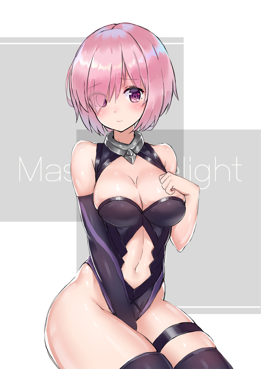 1girl, between_legs, black_gloves, black_leotard, blush, breasts, character_name, closed_mouth