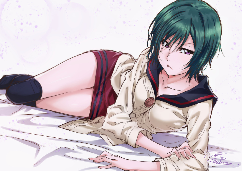 1girl, black_legwear, bleach, breasts, green_hair, highres, kujou_nozomi, lying, on_side, puma_(hyuma1219), school_uniform, serafuku, skirt, solo, thigh-highs, violet_eyes