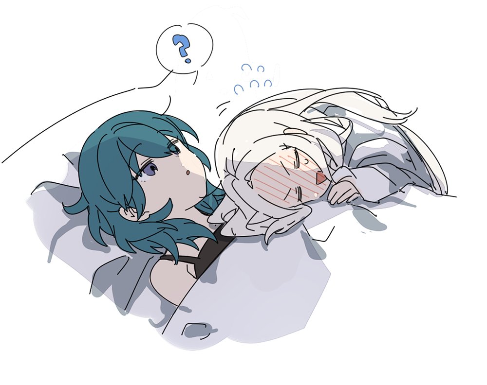 2girls, ?, ap_bar, bangs, blanket, blue_hair, blush, byleth_(fire_emblem)