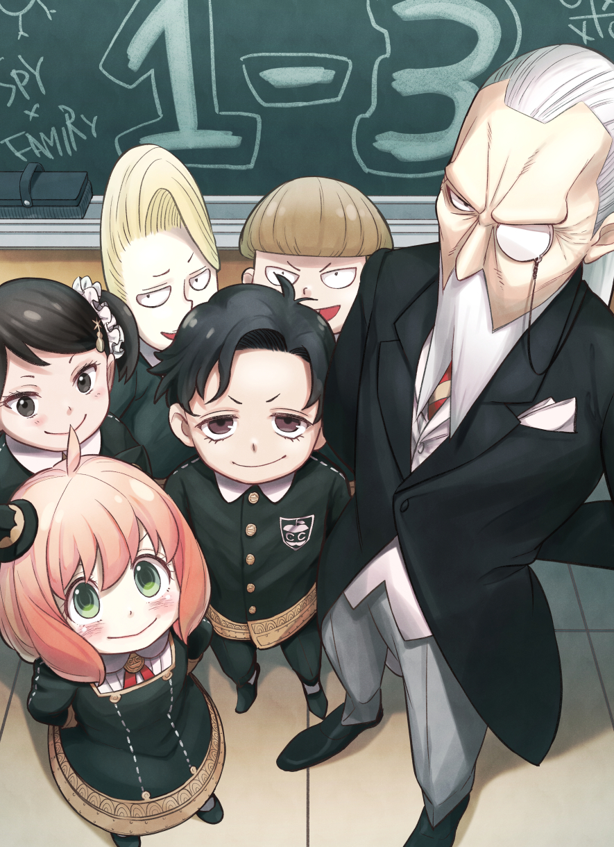 2girls, 4boys, age_difference, ania_(spy_x_family), arms_behind_back, beard, becky_blackbell, black_eyes, black_hair, blonde_hair, blush, bowl_cut, brown_eyes, brown_hair, buttons, chalkboard, closed_mouth, damian_desmond, english_text, engrish_text, facial_hair, formal, from_above, gotounoriji, green_eyes, hair_ornament, hairclip, height_difference, henry_henderson, highres, long_sleeves, looking_at_viewer, medium_hair, monocle, multiple_boys, multiple_girls, old_man, orange_hair, pants, ranguage, school_uniform, scrunchie, shoes, short_hair, smile, spy_x_family, standing, suit, twintails, white_hair