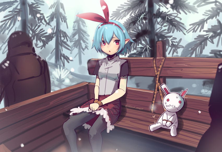 1girl, arrow_to_the_knee, blue_hair, blush, boa_(brianoa), bound, bound_wrists, bow