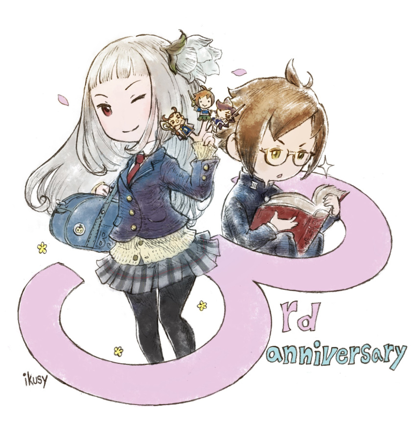 1boy, 1girl, anniversary, bag, black_legwear, blazer, book, bravely_default_(series)