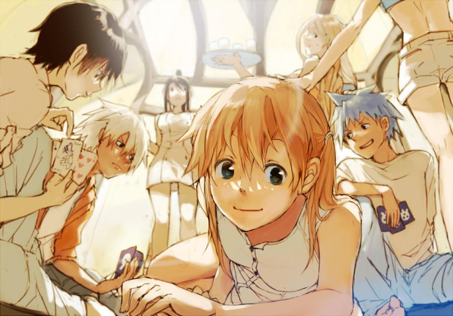 3boys, 4girls, bangs, black_hair, black_star, blonde_hair, blue_pants, breasts