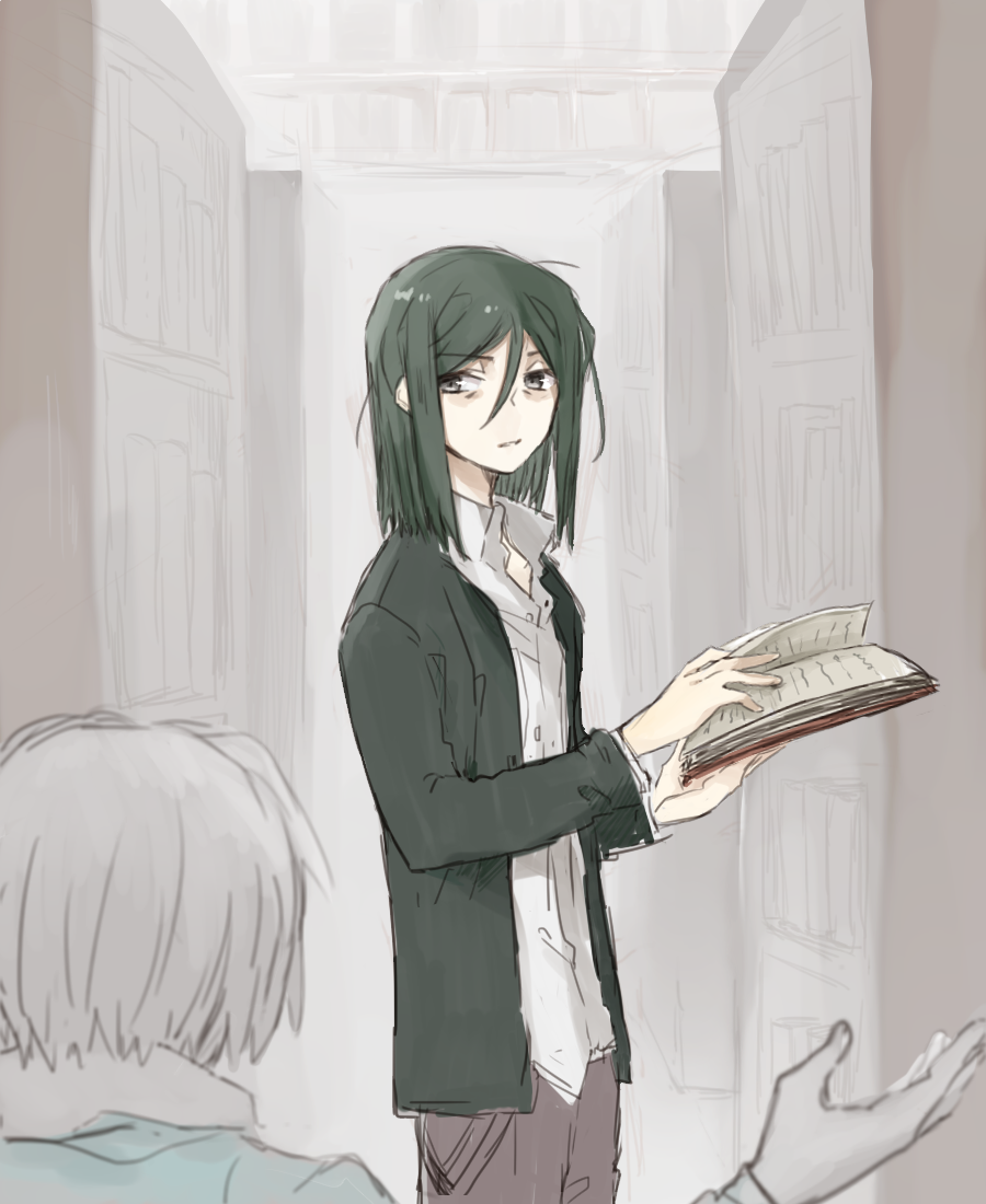 2boys, androgynous, bags_under_eyes, bangs, blurry, book, depth_of_field, dress_shirt