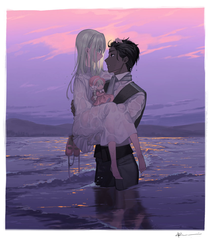 1boy, 1girl, absurdres, age_difference, barefoot, black_hair, blonde_hair, blue_eyes, carrying, collared_shirt, dark_skin, dark_skinned_male, doll, dress, hand_on_head, highres, kururi, long_hair, ocean, original, pink_footwear, princess_carry, shirt, vest, water, waves, wet, wet_clothes, wet_hair, white_dress, white_shirt
