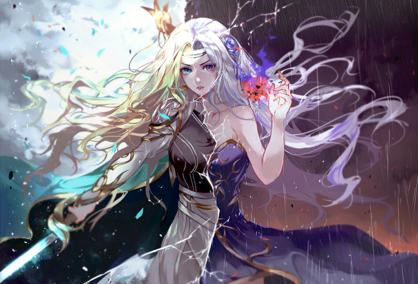 1girl, black_shirt, blonde_hair, blue_dress, blue_eyes, blurry, blurry_background, collarbone
