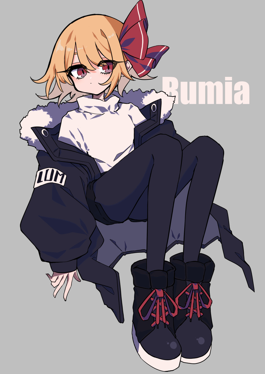 1girl, absurdres, alternate_costume, bangs, black_jacket, black_legwear, blonde_hair, blush