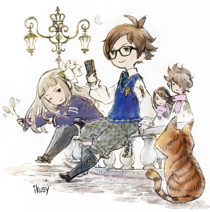 2boys, 2girls, agnes_oblige, black_legwear, bravely_default:_fairy's_effect, bravely_default_(series), bravely_second:_end_layer, brown_hair
