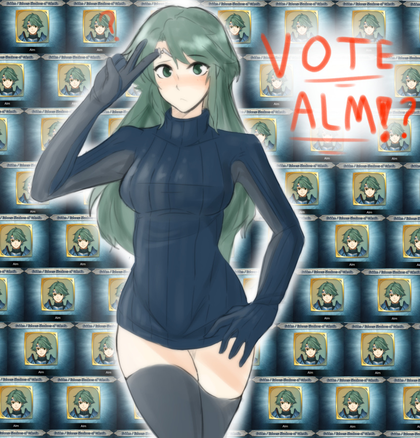 1girl, alm_(fire_emblem), background_text, blush, breasts, character_name, closed_mouth, collarbone