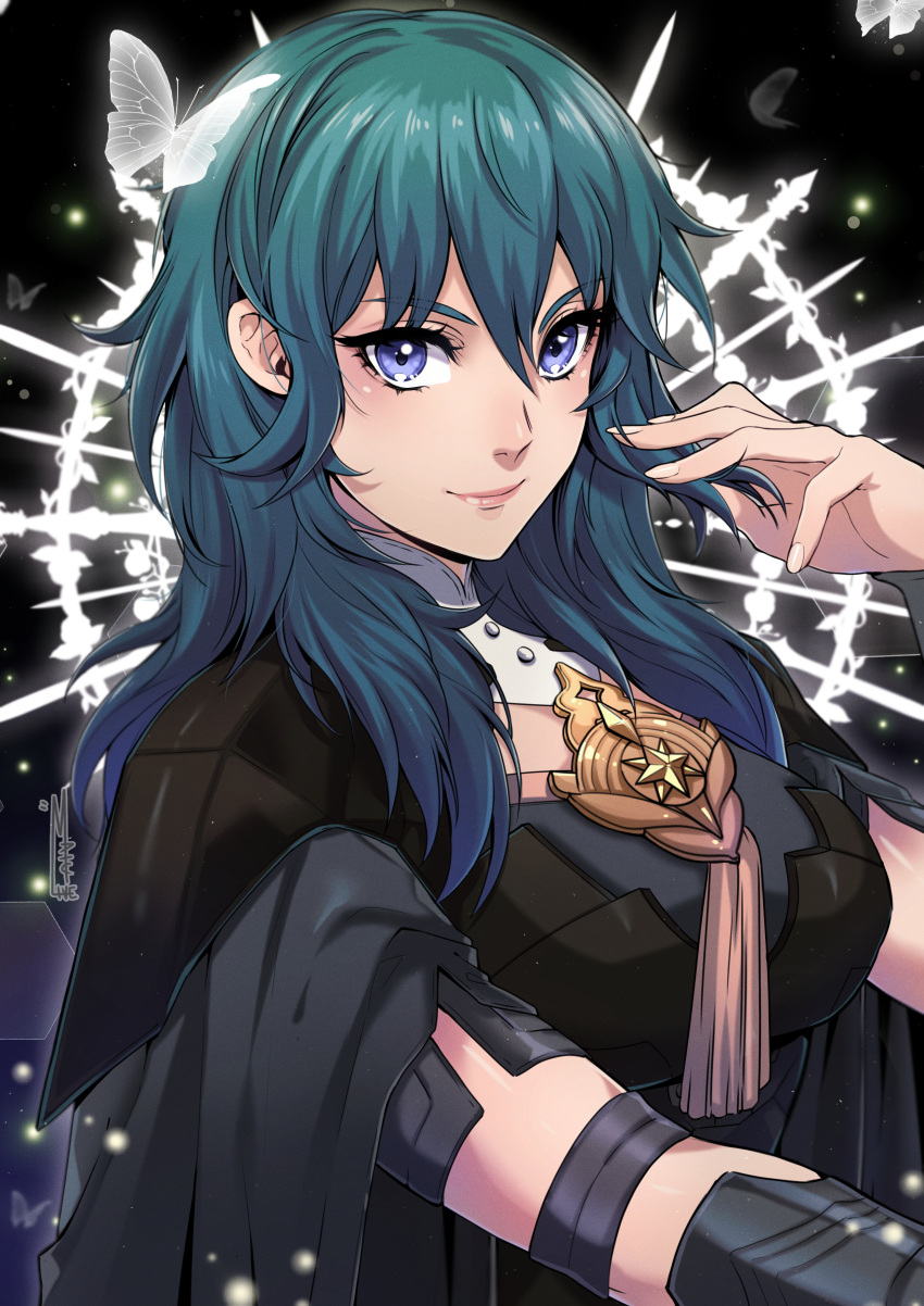 1girl, absurdres, armor, armored_dress, artist_name, black_background, blue_eyes, blue_hair