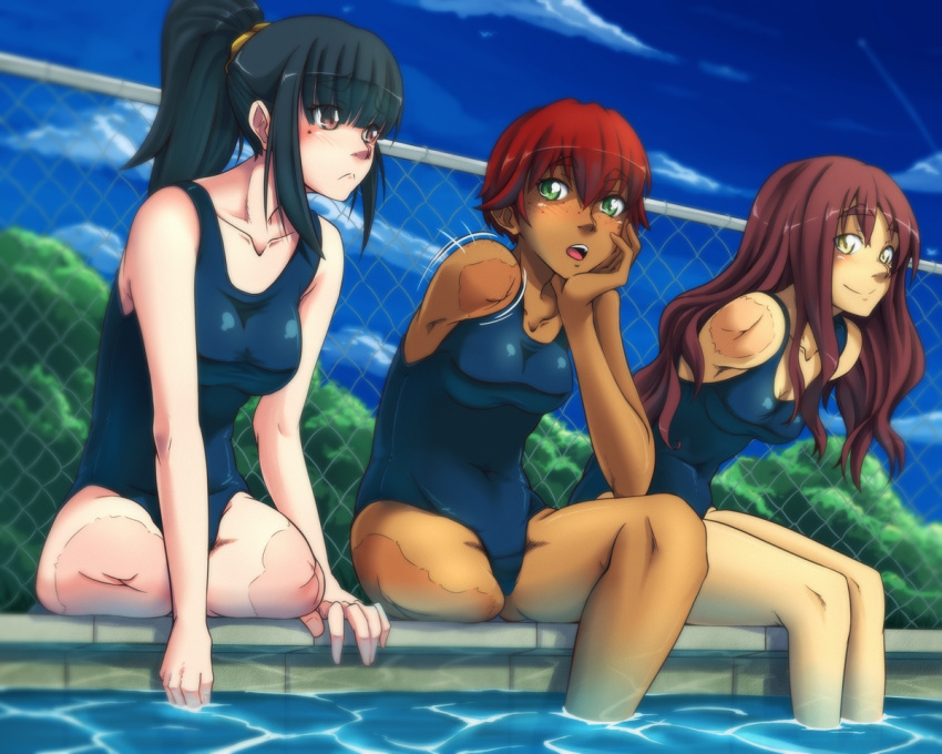 3girls, :<, amputee, black_hair, blue_swimsuit, blush, breasts, brown_eyes
