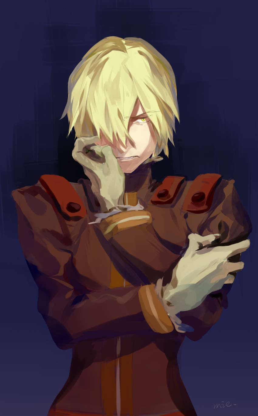 1boy, absurdres, blonde_hair, claws, fur-trimmed_sleeves, fur_trim, hair_over_one_eye, hand_on_own_face