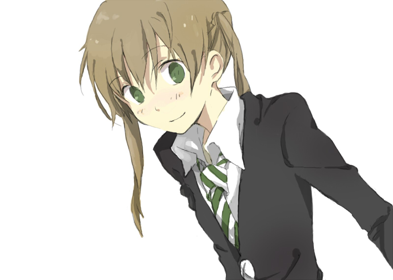 1girl, closed_mouth, commentary_request, green_eyes, gurunyanya, maka_albarn, necktie, simple_background