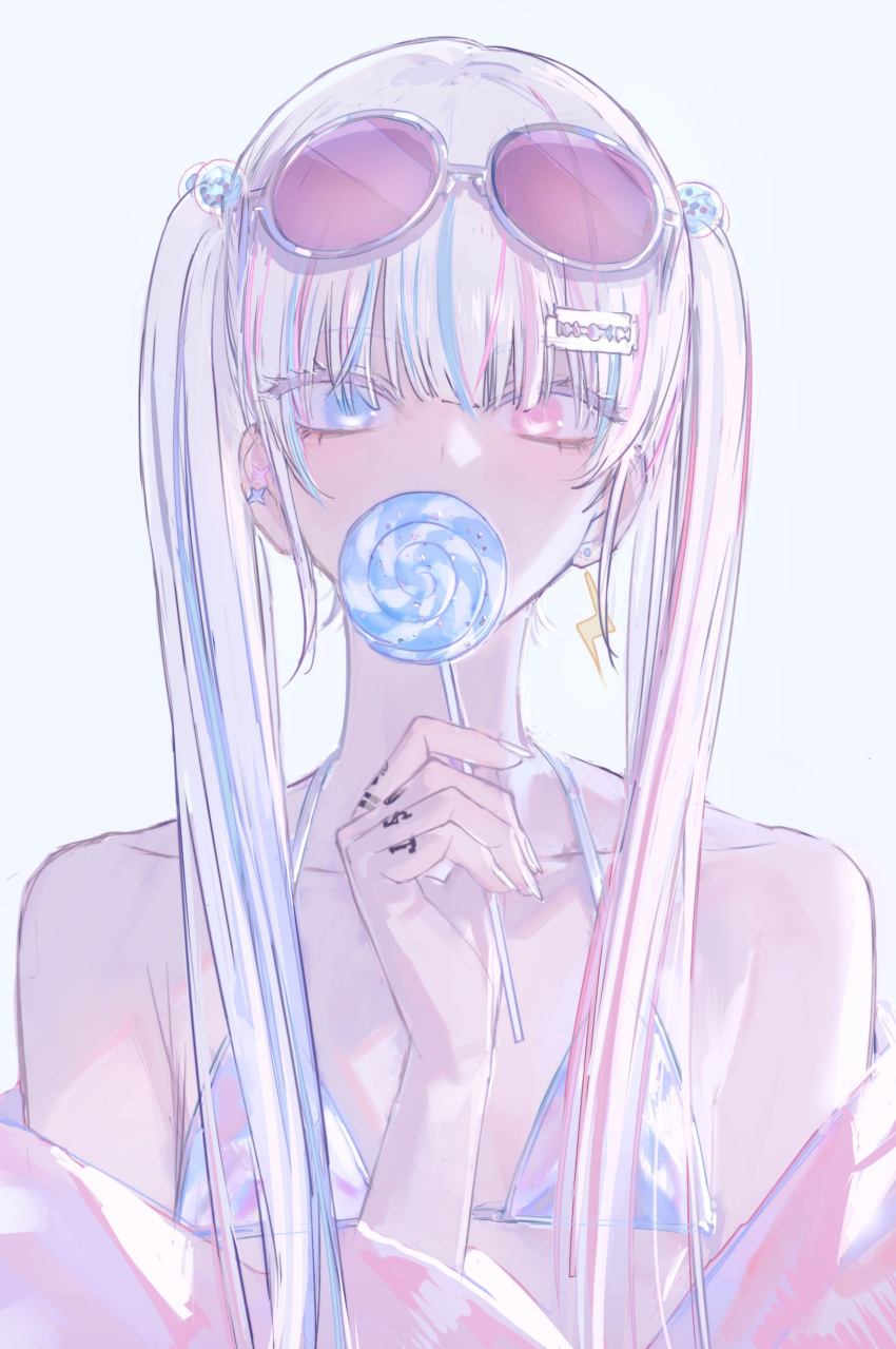 1girl, absurdres, bare_shoulders, bikini, blue_eyes, blue_hair, candy, covered_mouth