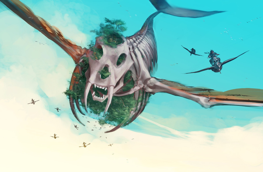 cloud, clouds, creature, dragon, fantasy, flying, forest, goggles, mayumio, nature, scenery, skeleton, sky, tree, trees, wings