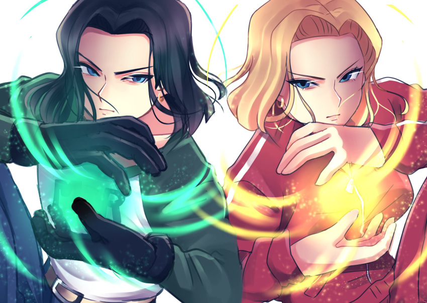1boy, 1girl, android_18, belt, black_gloves, black_hair, blonde_hair, blue_eyes