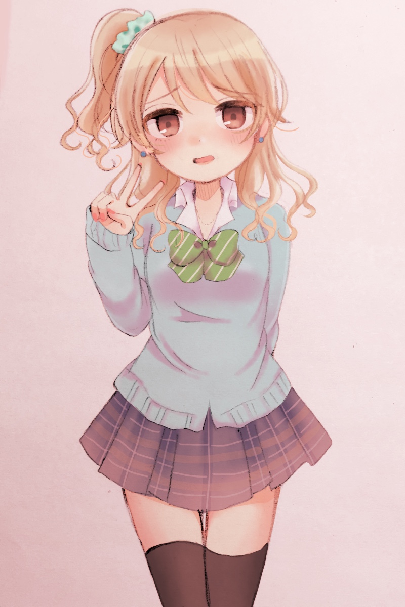 1girl, black_legwear, blonde_hair, blush, brown_eyes, cardigan, earrings, highres, idolmaster, idolmaster_cinderella_girls, inairego116, jewelry, looking_at_viewer, morikubo_nono, one_side_up, plaid, plaid_skirt, pleated_skirt, ringlets, skirt, solo, thigh-highs, v