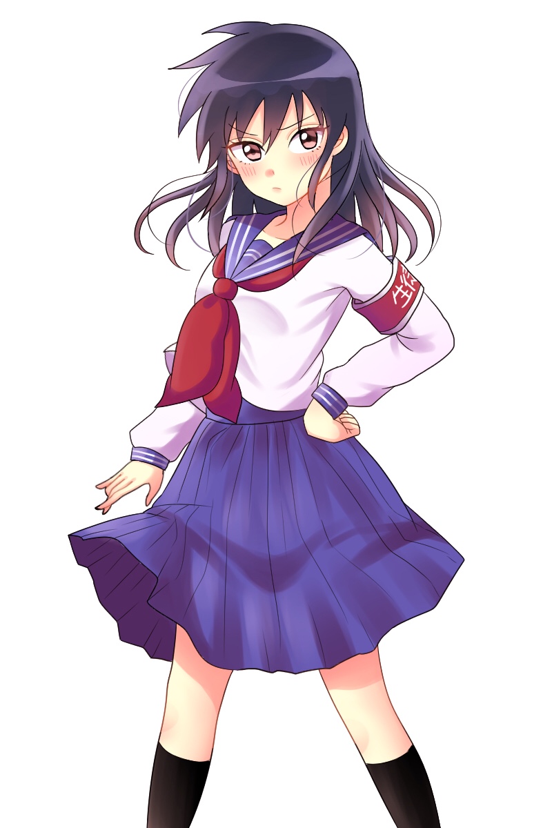 1girl, armband, black_hair, black_legwear, blush, brown_eyes, genderswap, genderswap_(mtf)