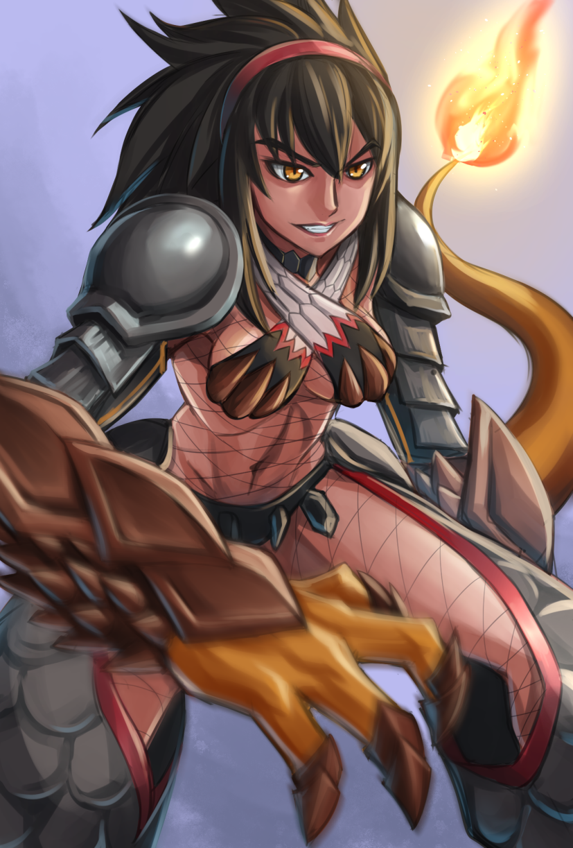 1girl, black_bra, black_hair, bra, breasts, claws, commentary, criss-cross_halter