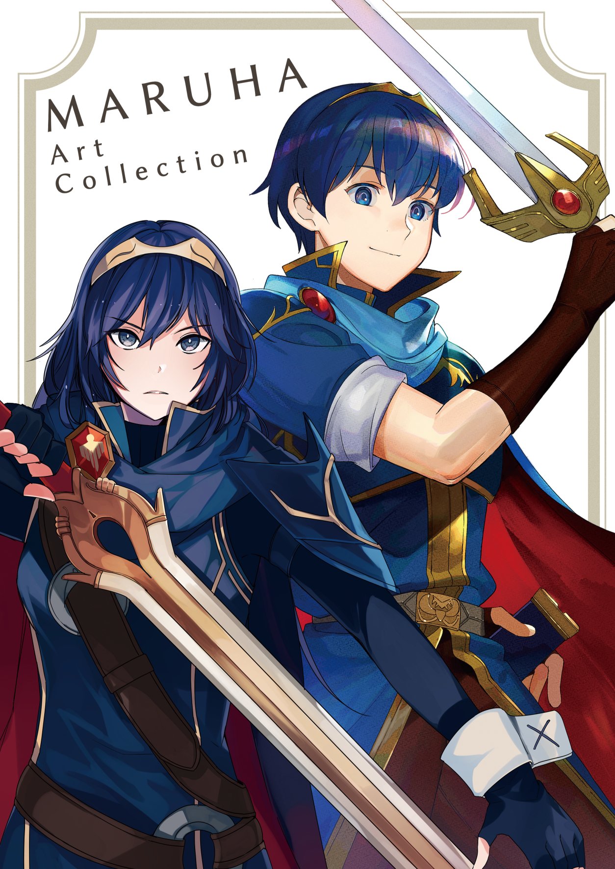 1boy, 1girl, blue_eyes, blue_hair, brown_gloves, cape, closed_mouth, falchion_(fire_emblem)
