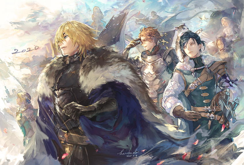 3boys, 4girls, armor, belt, black_hair, blonde_hair, blue_eyes, brown_eyes