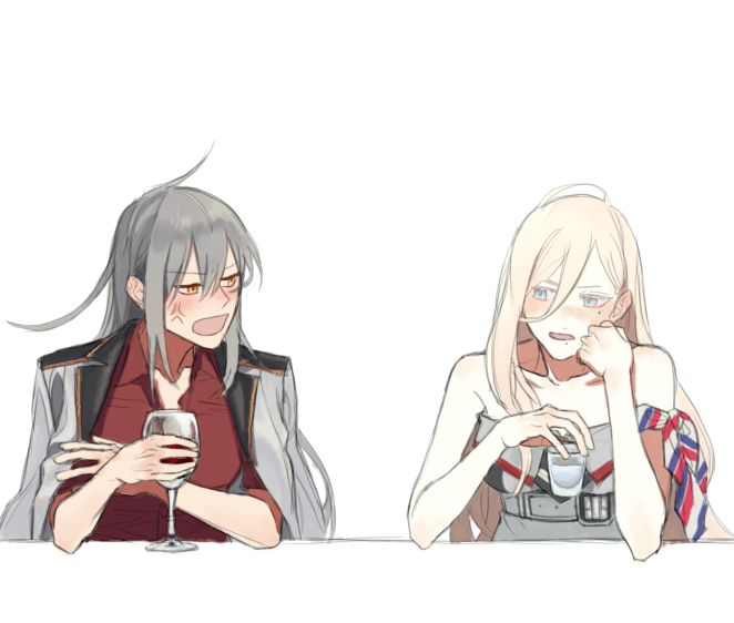 2girls, alcohol, anger_vein, armband, bare_shoulders, birdry, blonde_hair, blue_eyes