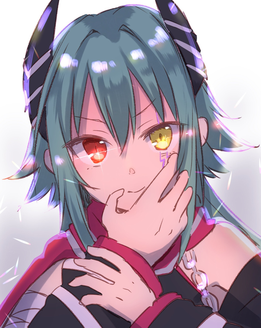 1girl, bandaged_arm, bandages, bangs, bare_shoulders, black_shirt, black_sleeves, chain
