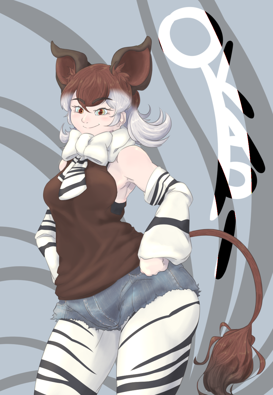 1girl, animal_ears, animal_print, armpits, bare_shoulders, bow, bowtie, brown_eyes, brown_hair, character_name, closed_mouth, cutoffs, denim, denim_shorts, detached_sleeves, extra_ears, eyebrows, eyebrows_visible_through_hair, flipped_hair, grey_hair, hair_between_eyes, hands_on_hips, highres, irimo_(knhg3432), kemono_friends, legwear_under_shorts, looking_at_viewer, medium_hair, multicolored, multicolored_eyes, multicolored_hair, okapi_(kemono_friends), okapi_ears, okapi_tail, pantyhose, pocket, print_legwear, print_neckwear, print_sleeves, shirt, short_shorts, shorts, sidelocks, sleeveless, sleeveless_shirt, smile, solo, tail, two-tone_hair, white_bow, yellow_eyes