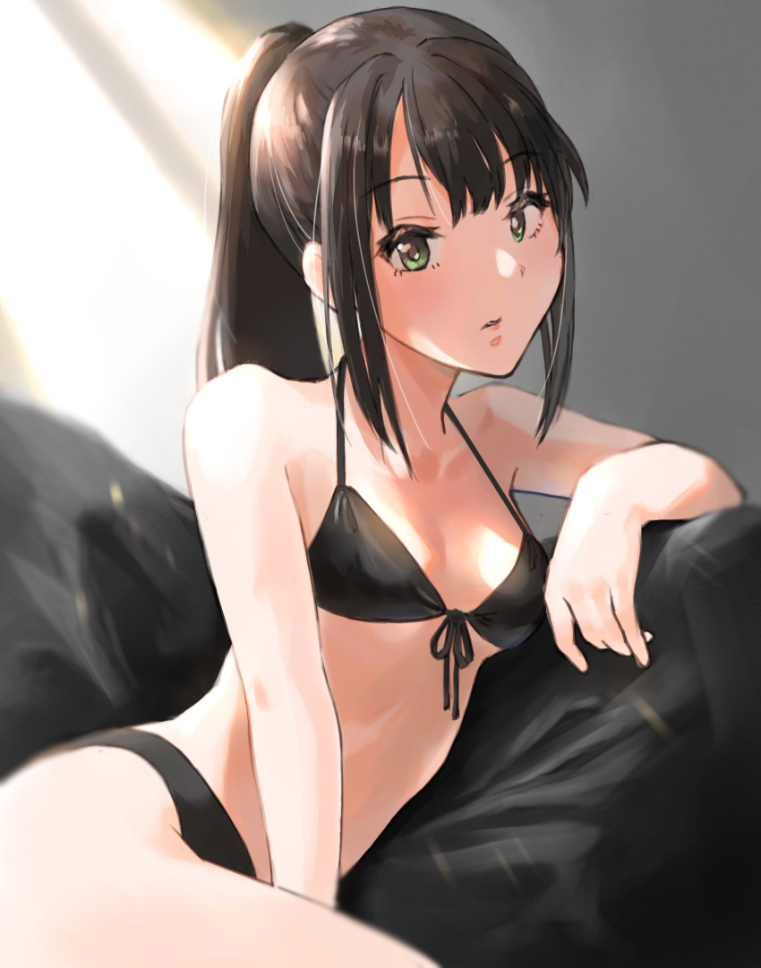 1girl, bikini, black_bikini, black_hair, breasts, couch, cowboy_shot, front-tie_top