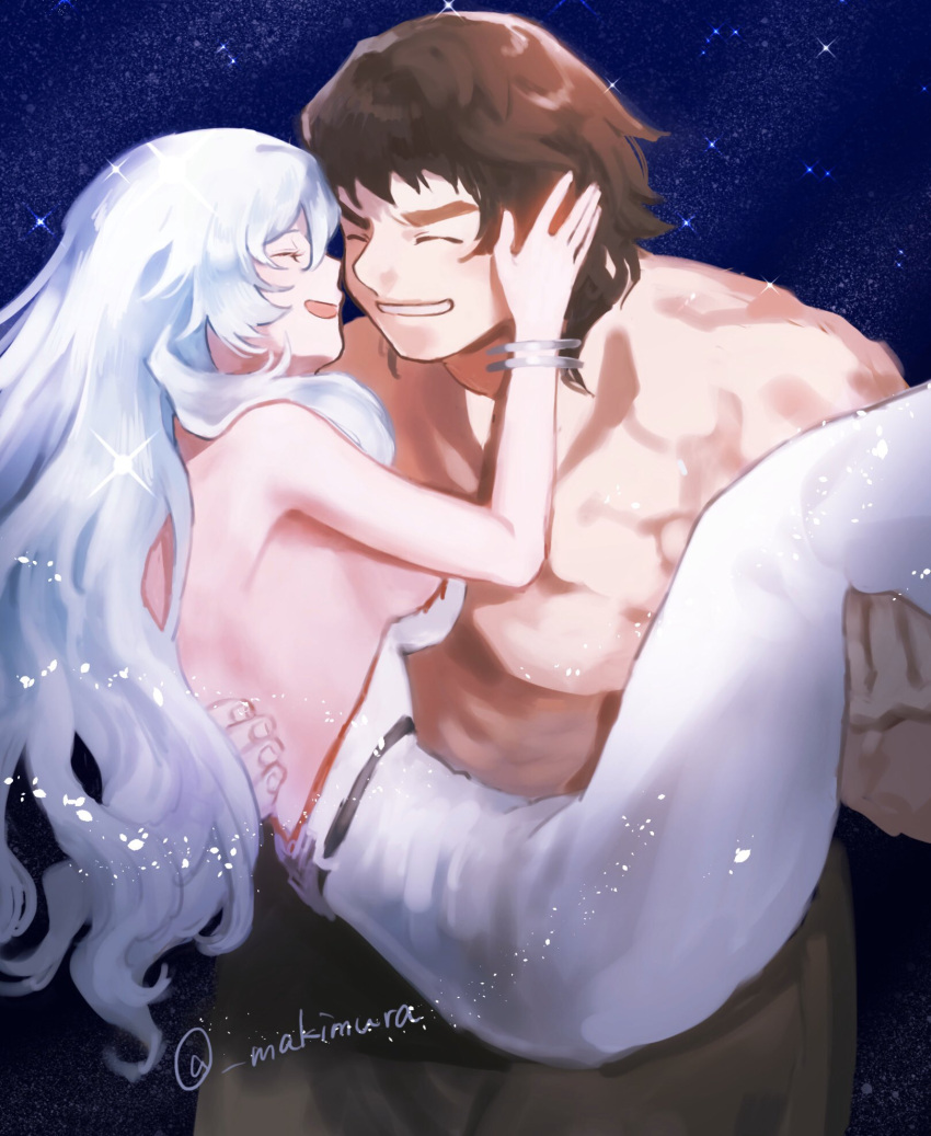 1boy, 1girl, ^_^, artemis_(fate/grand_order), bracelet, breasts, brown_hair, carrying