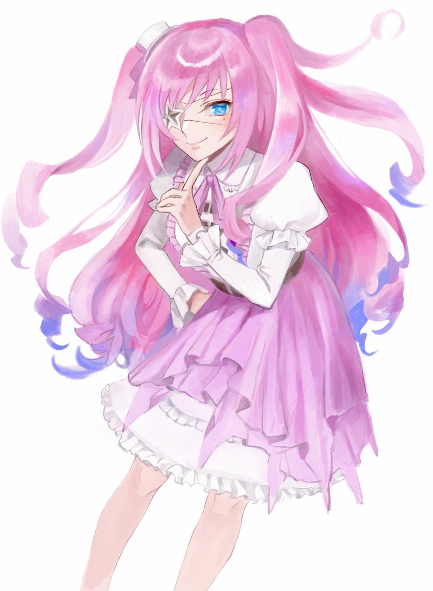 1girl, blue_eyes, blue_hair, dress, eyepatch, fate_(series), finger_to_mouth, frilled_dress