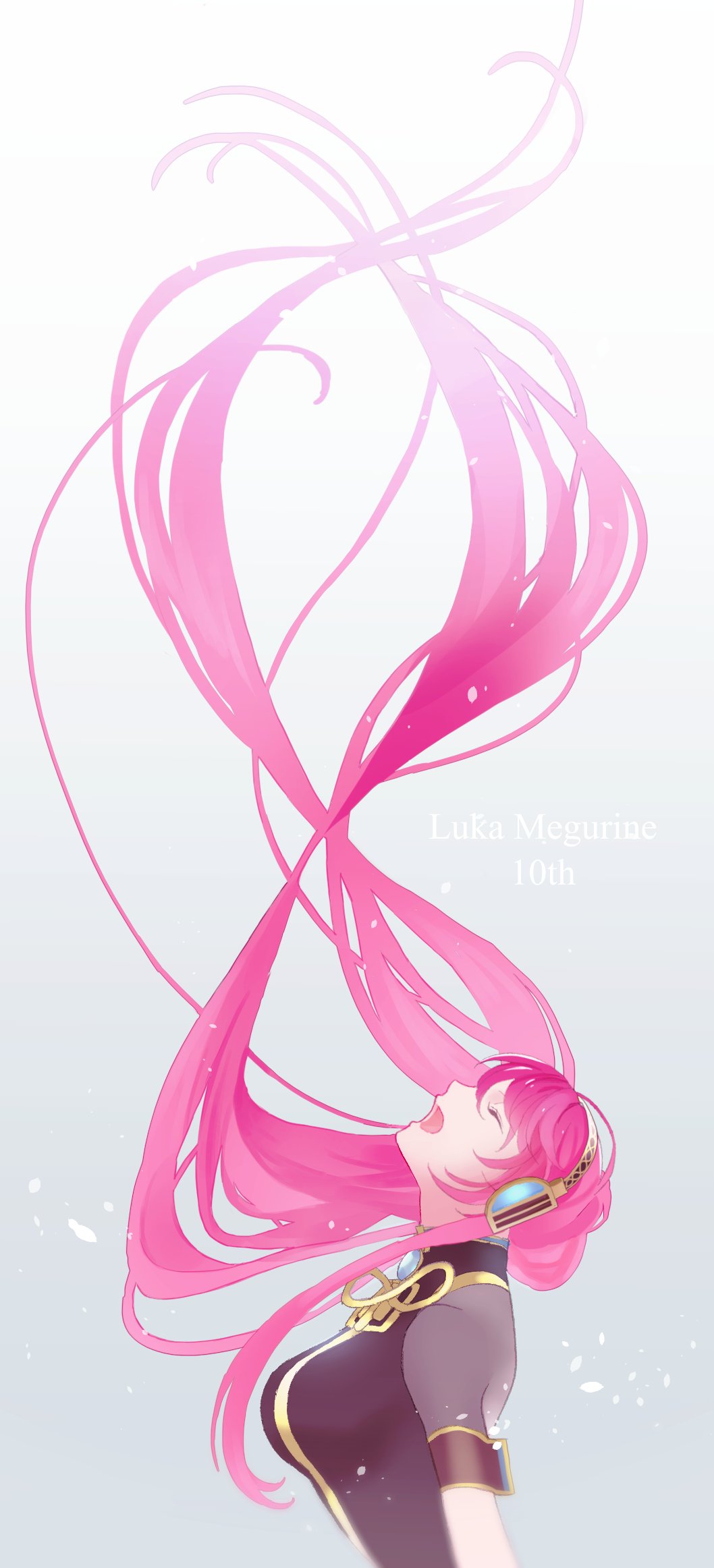 1girl, breasts, closed_eyes, floating_hair, headphones, highres, large_breasts, long_hair, looking_up, makimura_(miwmiw-cage), megurine_luka, music, pink_hair, profile, singing, solo, upper_body, very_long_hair, vocaloid