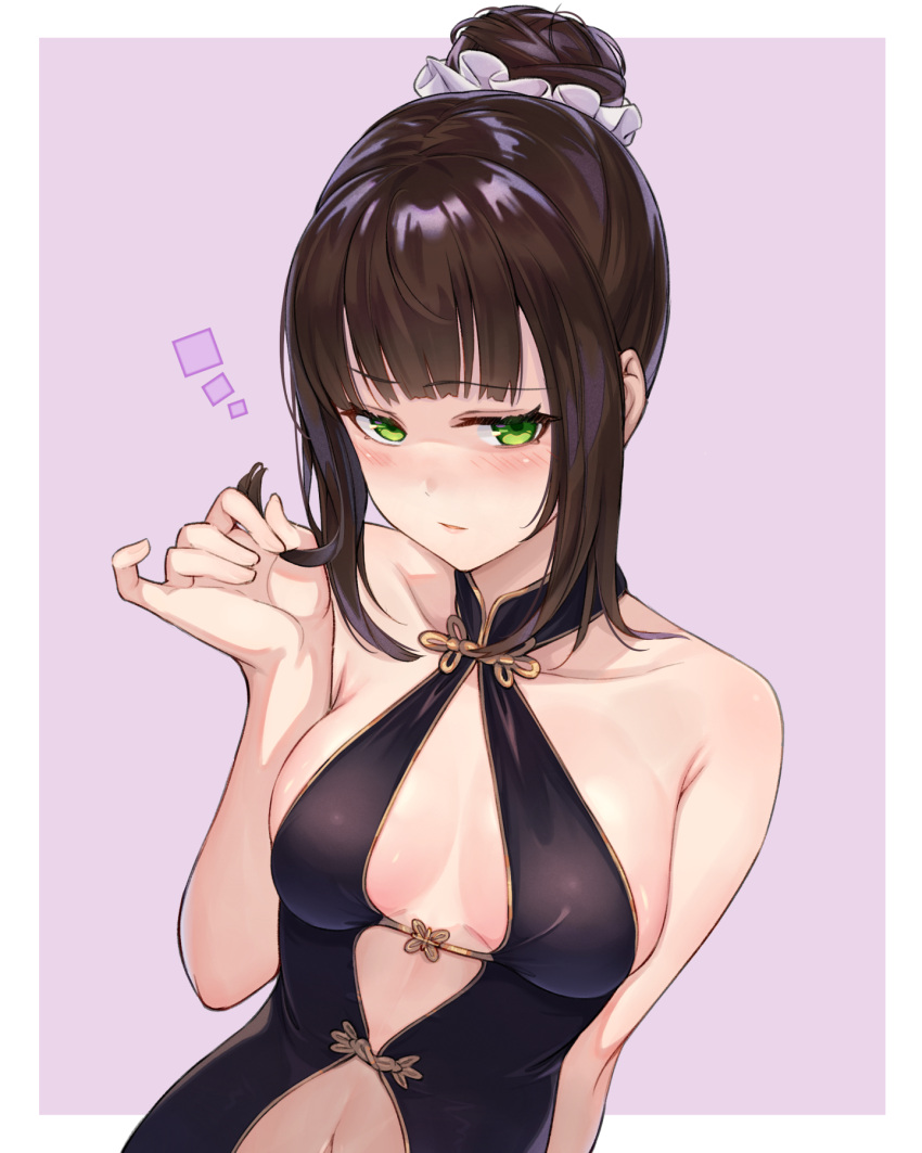 1girl, bare_shoulders, blush, breasts, brown_hair, center_opening, china_dress, chinese_clothes