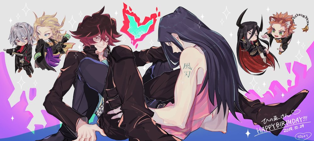 1girl, 5boys, aira_kanae, antonio_salieri_(fate/grand_order), black_hair, blonde_hair, blue_hair, bull_horns