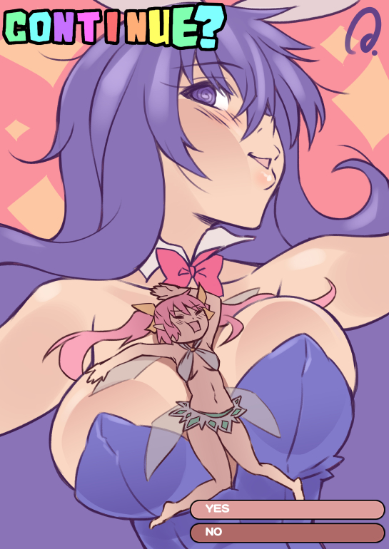2girls, =_=, @_@, animal_ears, between_breasts, bow, bowtie, breasts