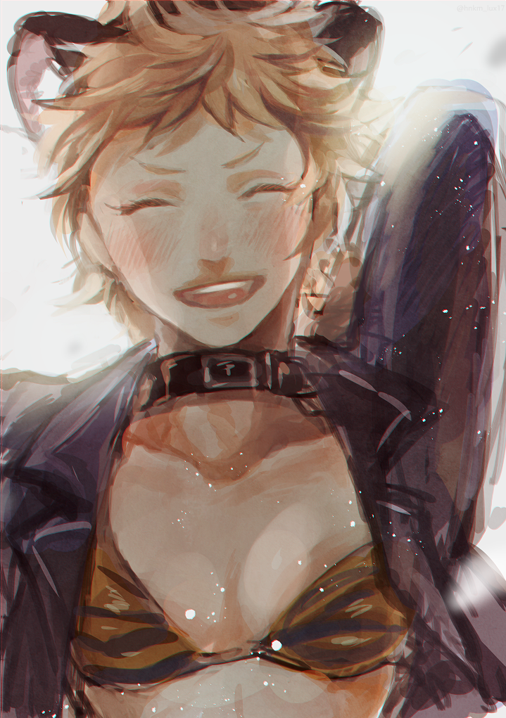 1girl, ^_^, aira_kanae, animal_ears, animal_print, arm_up, bikini_top, black_jacket