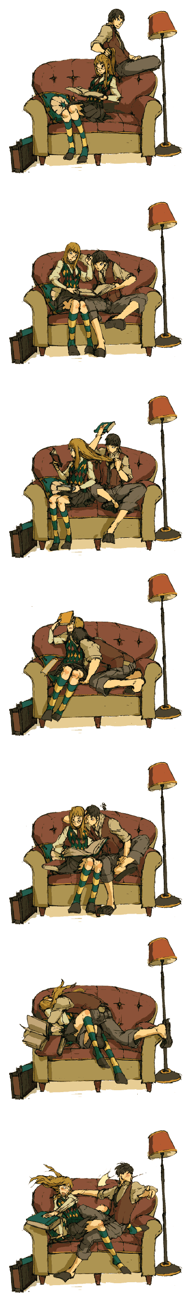 bad_id, book, couch, couple, cushion, gecco, glasses, highres
