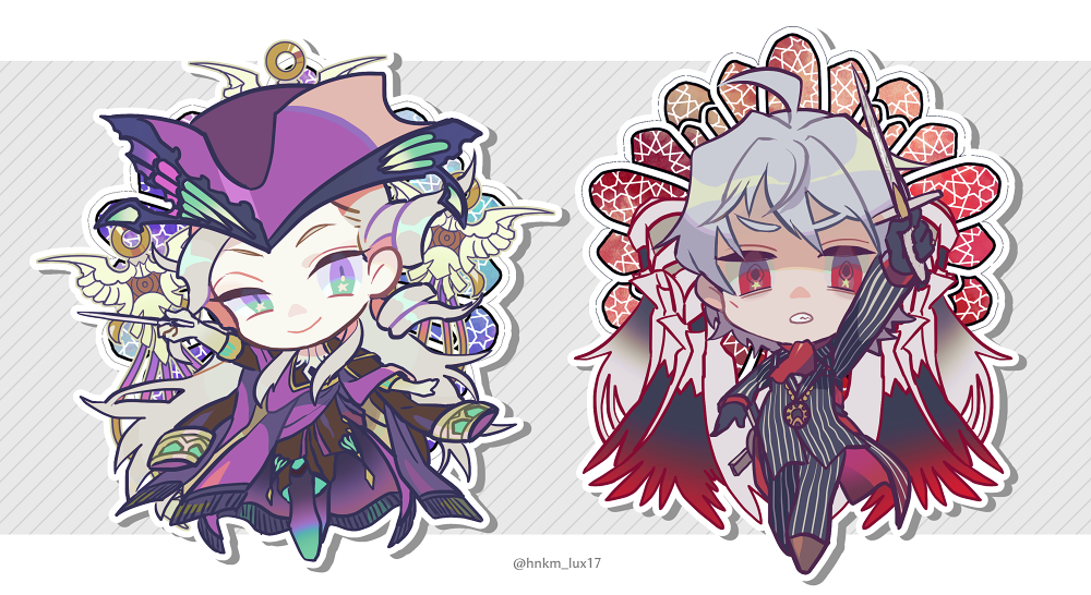 2boys, antonio_salieri_(fate/grand_order), baton_(instrument), blonde_hair, butterfly_hat, chibi, dagger, demon, fate/grand_order, fate_(series), formal, green_hair, grey_hair, hat, hinoe_(right-hnxx03), long_hair, male_focus, multiple_boys, pinstripe_suit, red_eyes, stained_glass, striped, suit, very_long_hair, weapon, wings, wolfgang_amadeus_mozart_(fate/grand_order)