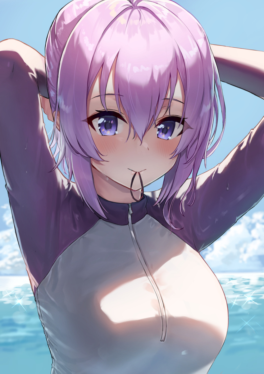 1girl, arms_behind_head, arms_up, bangs, blue_sky, blush, breasts, closed_mouth