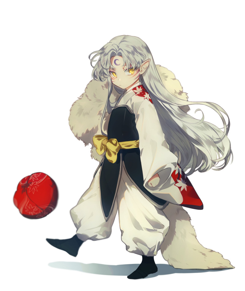 1boy, baggy_pants, ball, black_legwear, child, clenched_hand, closed_mouth, crescent, facial_mark, full_body, fur, highres, inuyasha, leg_up, long_hair, long_sleeves, looking_at_viewer, male_focus, mgmg_1012, pants, pointy_ears, sesshoumaru, shadow, simple_background, slit_pupils, solo, standing, standing_on_one_leg, white_background, white_hair, white_pants, wide_sleeves, yellow_eyes
