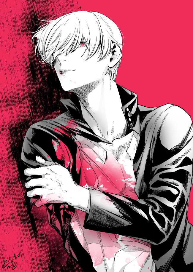 1boy, amputee, bleeding, blood, blood_from_mouth, casual, clutching_shoulder, dutch_angle