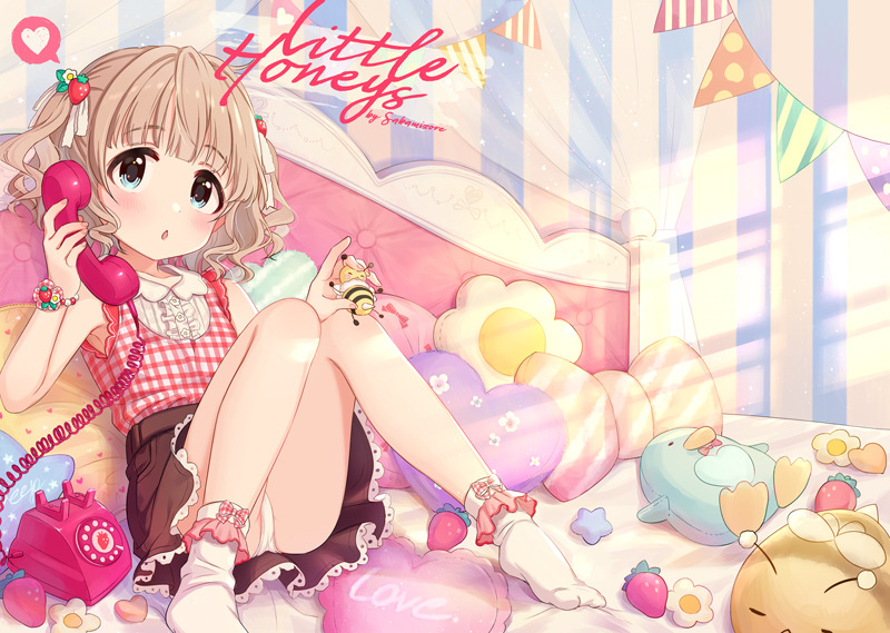 1girl, blue_eyes, bracelet, brown_skirt, food_themed_hair_ornament, hair_ornament, heart, heart_pillow, jewelry, knees_up, light_brown_hair, little_honeys, on_bed, panties, pantyshot, pantyshot_(sitting), phone, pillow, short_hair, sitting, skirt, sleeveless, socks, solo, spoken_heart, strawberry_hair_ornament, string_of_flags, striped, stuffed_animal, stuffed_bee, stuffed_penguin, stuffed_toy, sunlight, tsukana_(saba_mizore), underwear, vertical_stripes, white_legwear