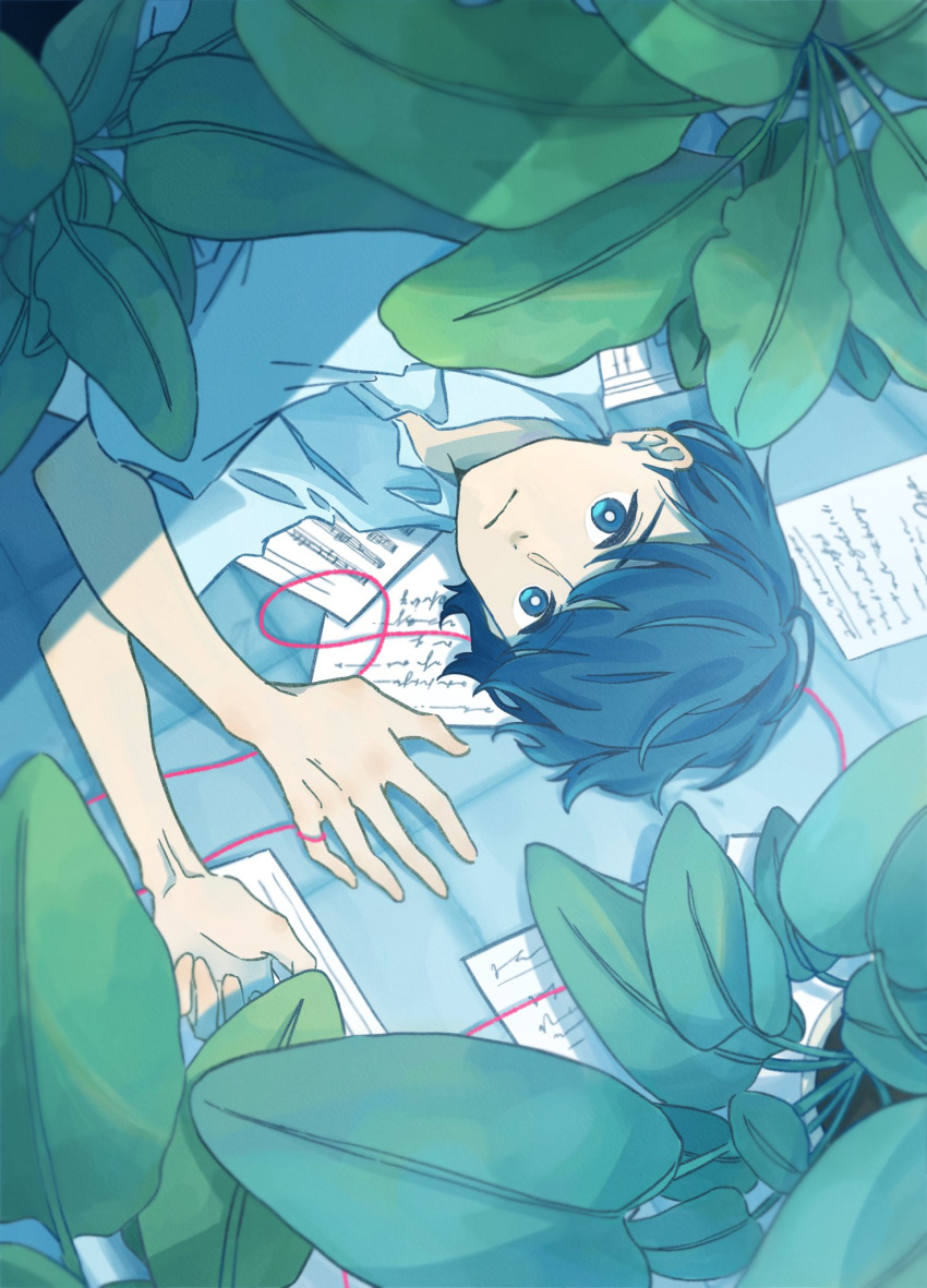 1boy, blue_eyes, blue_hair, collared_shirt, expressionless, highres, leaf, looking_at_viewer, lying, original, paper, pink_string, plant, sheet_music, shirt, short_hair, short_sleeves, solo, string, white_shirt, yutsukidayo