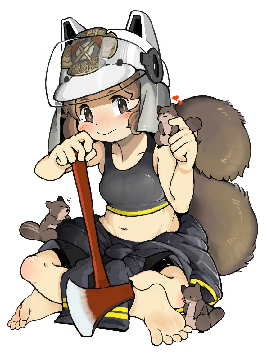 1girl, arknights, barefoot, bike_shorts, brown_eyes, brown_hair, cheek_squash, chinese_commentary